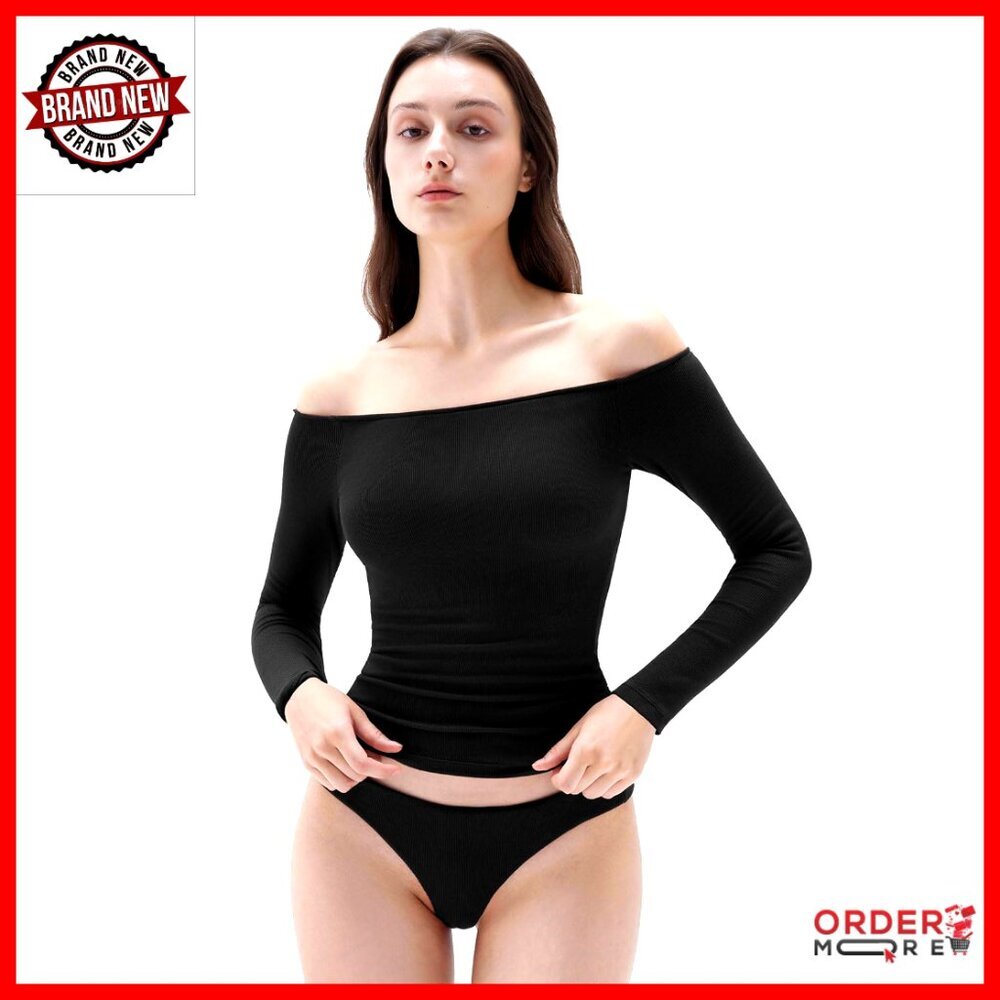 Off Shoulder Long Sleeve Ribbed Top with Built-in Bra Padded Slim Fit